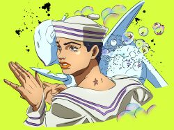  1boy 1other birthmark black_hair blue_eyes bubble colored_skin colorized grandguerrilla green_background hachuart hat higashikata_josuke_(jojolion) highres jacket joestar_birthmark jojo_no_kimyou_na_bouken jojolion long_sleeves multicolored_jacket orange_eyes orange_lips parted_lips sailor sailor_collar sailor_hat shirt soft_&amp;_wet star_(symbol) two-tone_jacket white_hat white_sailor_collar white_shirt white_skin 