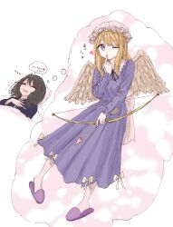  ... 2girls absurdres angel_wings arrow_(projectile) black_hair black_ribbon black_shirt blonde_hair bow bow_(weapon) bow_skirt closed_eyes closed_mouth commentary_request cupid dreaming drooling feathered_wings finger_to_mouth grey_wings hand_on_own_chest hand_up hat head_on_pillow heart heart_arrow highres holding holding_arrow holding_bow_(weapon) holding_weapon kashiwada_kiiho long_hair long_skirt long_sleeves lying maribel_hearn medium_hair mob_cap mouth_drool multiple_girls neck_ribbon on_back one_eye_closed open_mouth pajamas pillow purple_shirt purple_skirt purple_slippers ribbon shirt shirt_tucked_in skirt sleep_talking sleeping slippers speech_bubble thought_bubble touhou translation_request under_covers usami_renko violet_eyes weapon white_background white_hat wings zzz 
