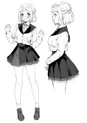  1girl blush braid commentary_request cropped_legs deras full_body gakuen_idolmaster greyscale hair_ribbon half_up_braid hatsuboshi_gakuen_school_uniform highres idolmaster katsuragi_lilja loafers looking_at_viewer monochrome multiple_views neck_ribbon overskirt pleated_skirt ribbon ribbon_braid school_uniform shoes short_hair simple_background skirt smile socks solo white_background 