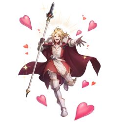  1boy :d ahoge armor armored_boots artist_request belt black_belt black_shirt blonde_hair blush boots bracer cape check_clothing clothing_request collared_tunic couter cuisses forehead full_body game_cg gold_trim grey_boots heart high_collar holding holding_polearm holding_weapon kitamura_motoyasu leg_up legendary_spear_(small_spear)_(tate_no_yuusha_no_nariagari) legendary_spear_(tate_no_yuusha_no_nariagari) long_sleeves looking_at_viewer male_focus medium_hair messy_hair multiple_belts non-web_source official_art open_mouth outstretched_arm pants pauldrons pinstripe_pants pinstripe_pattern pinstripe_shirt polearm poleyn ponytail red_cape red_eyes red_tunic running running_towards_viewer shirt short_ponytail shoulder_armor sidelocks simple_background sleeveless_tunic smile solo sparkle spear straight-on tate_no_yuusha_no_nariagari tate_no_yuusha_no_nariagari_rerise teeth tongue transparent_background tunic turtleneck_tunic two-tone_tunic vambraces weapon white_belt white_pants white_tunic 