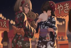  2girls act_(xadachit) back_bow bag bagged_fish black_kimono black_sky bow brown_hair cloud_print commentary commission cotton_candy english_commentary fish floral_print floral_print_kimono flower food from_side girls&#039;_frontline_neural_cloud girls_frontline grey_hair hair_between_eyes hair_flower hair_ornament hairclip hatsuchiri_(neural_cloud) highres holding holding_bag holding_cotton_candy holding_food holding_stuffed_toy japanese_clothes kimono long_hair long_sleeves looking_at_viewer mask medium_hair mole mole_under_eye multiple_girls night obi open_mouth orange_bow orange_eyes outdoors print_kimono sash sidelocks sky standing star_(sky) stuffed_animal stuffed_toy summer_festival teddy_bear turning_head vector_(girls&#039;_frontline) wide_sleeves 