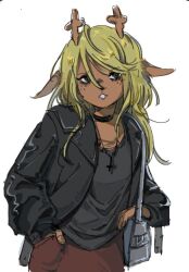  1girl alternate_costume bag black_choker black_eyes black_jacket black_shirt blonde_hair brown_skirt buck_teeth choker commentary cowboy_shot deltarune furry furry_female grey_bag hashtag-only_commentary inverted_cross_necklace jacket long_hair noelle_holiday shirt shoulder_bag simple_background skirt solo teeth utdr_(toby_fox) white_background yokuyo 