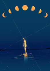  1boy arm_up coat color_contrast full_body glowing hair_slicked_back hand_in_pocket highres limited_palette male_focus moon_phases mountainous_horizon mullet orange-tinted_eyewear reflection reflective_water sky snapping_fingers softymuii solo standing standing_on_liquid star_(sky) starry_sky tinted_eyewear to_be_hero to_be_hero_x white_coat white_hair x_(to_be_hero_x) 