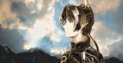  1boy absurdres albtraum animated animated_gif arknights blonde_hair brown_hair chinese_commentary chongyue_(arknights) closed_mouth clouds commentary_request day earrings from_side grey_hair high_collar highres horns jewelry long_hair looking_afar male_focus multicolored_hair non-repeating_animation outdoors pointy_ears portrait profile red_eyes solo wind 