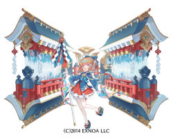  1girl :d blue_bow blue_eyes blue_kimono blue_sandals bow brown_hair character_request hair_bow holding japanese_clothes kimono long_sleeves official_art oshiro_project:re osisio pantyhose platform_sandals pleated_skirt red_skirt ribbon-trimmed_skirt ribbon-trimmed_sleeves ribbon_trim sandals shide simple_background skirt smile solo standing standing_on_one_leg tabi water waterfall white_background white_pantyhose wide_sleeves zouri 