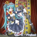  aqua_hair blue_eyes boots chair crown detached_sleeves dress earrings hair_ribbon hatsune_miku headdress jack_(slaintheva) jewelry long_hair looking_at_viewer microphone microphone_stand ribbon sitting solo thigh-highs thighhighs twintails very_long_hair vocaloid 