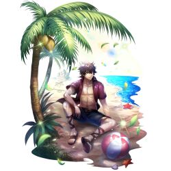  1boy abs artist_request ball beach beachball belt black_hair black_shorts brown_belt brown_sandals closed_mouth coconut_tree collared_shirt falling_leaves full_body game_cg gladiator_sandals hair_between_eyes high_collar iwatani_naofumi leaf light_particles looking_to_the_side male_focus messy_hair ocean official_alternate_costume official_art on_ground open_clothes open_shirt palm_tree red_shirt sand_castle sand_sculpture sandals seashell shell shirt short_hair short_sleeves shorts sitting smile solo sparkle starfish tate_no_yuusha_no_nariagari tate_no_yuusha_no_nariagari_rerise toned toned_male tree 