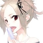  ako_(nedm) bare_shoulders blonde_hair earrings hair_ornament hairclip holding jewelry licking lowres original popsicle red_eyes simple_background solo tongue tongue_out white_background 