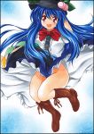 blue_hair boots breasts cross-laced_footwear food fruit hat hinanawi_tenshi hips lace-up_boots long_hair no_panties open_mouth peach red_eyes skirt skirt_lift smile solo touhou traditional_media upskirt yadokari_genpachirou