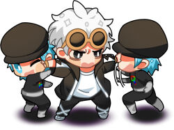  3boys absurdres afterimage aqua_eyes belt black_hat black_jacket black_pants black_shirt blush blush_stickers boots bright_pupils chibi commentary_request eyewear_on_head gloves grey_belt grey_boots grey_gloves guzma_(pokemon) hand_on_another's_face hat highres indoors jacket logo motion_blur multiple_boys one_eye_closed open_clothes open_jacket open_mouth outstretched_arms pants pokemon pokemon_usum shirt shoes short_hair shorts simple_background spread_arms standing sunglasses swiping team_rainbow_rocket team_rainbow_rocket_grunt team_rainbow_rocket_uniform white_background white_hair white_pupils white_shirt yellow-framed_eyewear zhen_xionggui 