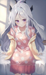  1girl ahoge arms_at_sides black_horns blue_archive blush closed_mouth collarbone commentary demon_girl demon_horns feet_out_of_frame frown grey_hair highres hina_(blue_archive) hina_(pajamas)_(blue_archive) horns indoors long_hair looking_at_viewer multiple_horns no.054_(adar5857) official_alternate_costume on_bed pajamas parted_bangs pink_pajamas polka_dot polka_dot_pajamas sidelocks single_hair_intake sitting solo very_long_hair violet_eyes window_shadow 