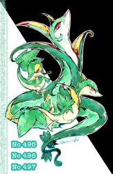  absurdres animal_focus black_background bwmtk1110 closed_mouth evolutionary_line full_body highres looking_at_viewer no_humans pokedex_number pokemon pokemon_(creature) pokemon_focus red_eyes serperior servine simple_background snake snivy standing white_background 