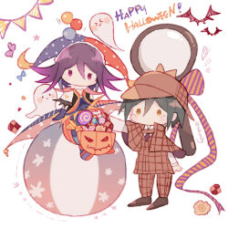  2boys aqua_hair baggy_pants ball bat_(animal) beachball black_coat black_shoes blue_boots blue_hat blue_pants blue_vest blush_stickers boots bow brown_bow brown_capelet brown_hat brown_jacket brown_pants bucket candy capelet checkerboard_cookie chibi clown coat coattails collared_jacket collared_shirt commentary_request cookie danganronpa_(series) danganronpa_v3:_killing_harmony deerstalker detective dress_shoes english_text eyelashes food fur-trimmed_sleeves fur_trim garland_(decoration) hair_between_eyes halloween halloween_bucket halloween_costume happy_halloween hat hat_bow heart heart_print high_collar holding holding_bucket jacket jester_cap lapels lollipop long_eyelashes long_sleeves magnifying_glass male_focus multiple_boys necktie no_mouth notice_lines official_alternate_costume oma_kokichi on_ball outstretched_arm oversized_object pants plaid_capelet plaid_clothes plaid_hat plaid_jacket plaid_pants polka_dot_coat polka_dot_headwear print_sleeves purple_hair purple_necktie red_coat red_hat red_pants saihara_shuichi sakura_(fein5862817) shirt shoes short_hair short_sleeves simple_background sitting sleeveless sleeveless_coat solid_oval_eyes split-color_clothes standing star_(symbol) striped_clothes striped_coat striped_pants swirl_lollipop two-sided_coat two-sided_fabric two-tone_hat two-tone_pants v-neck vertical-striped_clothes vertical-striped_pants vest violet_eyes white_background white_shirt yellow_eyes 