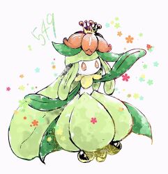  1girl bwmtk1110 colored_skin crown floral_background flower full_body gold_crown green_hair green_skin hair_flower hair_ornament highres lilligant long_hair looking_at_viewer mini_crown monster_girl multicolored_skin no_mouth orange_eyes orange_flower plant_girl plant_hair pokedex_number pokemon pokemon_(creature) simple_background solo standing two-tone_skin white_background white_skin yellow_crown 