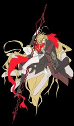  1girl absurdres black_background black_boots black_coat blonde_hair blood boots coat disembodied_hand don_quixote_(project_moon) feather_boa full_body gold_trim highres holding holding_polearm holding_weapon la_manchaland_(identity)_(project_moon) lance limbus_company long_hair long_sleeves looking_at_viewer pants parted_bangs polearm project_moon red_eyes sancho_(project_moon) shirt simple_background sitting solo v9sk51z6jxquzom weapon white_pants white_shirt 
