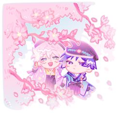  1boy 1girl artist_self-insert black_gloves black_hat blue_eyes blue_kimono blue_sleeves blunt_ends blush cherry_blossoms chibi closed_mouth couple eyeliner eyeshadow falling_petals from_above genshin_impact gloves hair_between_eyes hair_intakes hakama haori hat hetero highres holding_hands japanese_clothes kimono long_sleeves looking_at_viewer looking_up makeup oc_x_canon open_mouth orange_kimono original outdoors peaked_cap petals pink_hakama pink_haori pink_petals pink_sleeves pink_trim pleated_pants purple_hair red_eyeliner red_eyeshadow scaramouche_(genshin_impact) shadow shirt short_hair squinting undershirt violet_eyes white_hair white_shirt wide_sleeves yunhhj 