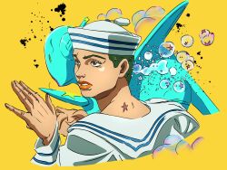  1boy 1other aqua_skin birthmark blue_eyes bubble colored_skin colorized grandguerrilla green_hair hachuart hat higashikata_josuke_(jojolion) highres jacket joestar_birthmark jojo_no_kimyou_na_bouken jojolion long_sleeves multicolored_jacket orange_eyes orange_lips parted_lips sailor sailor_collar sailor_hat shirt soft_&amp;_wet star_(symbol) two-tone_jacket white_hat white_sailor_collar white_shirt yellow_background 