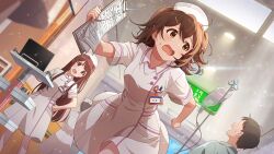  1boy 2girls breasts brown_eyes brown_hair clipboard commentary_request dress dutch_angle game_cg hair_ornament hairclip hat holding holding_clipboard hospital idolmaster idolmaster_million_live! idolmaster_million_live!_theater_days indoors intravenous_drip kasuga_mirai light_particles multiple_girls nurse nurse_cap official_alternate_costume official_art open_mouth running short_hair short_sleeves standing sweatdrop tanaka_kotoha third-party_source white_dress 