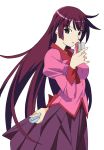  1girl highres long_hair monogatari_(series) purple_eyes purple_hair school_uniform senjougahara_hitagi solo stapler violet_eyes 