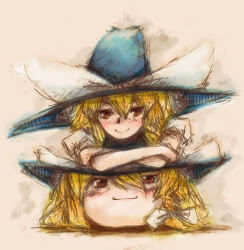 2girls :> :3 blonde_hair blue_hat blush bow brown_eyes closed_mouth colored crossed_arms dear_deer dual_persona hat kirisame_marisa light_brown_background pale_skin short_sleeves simple_background tan_background touhou traditional_media variant_set white_bow witch_hat yukkuri_shiteitte_ne