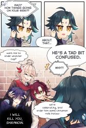  4boys ahoge alternate_costume alternate_universe antenna_hair aqua_hair black_gloves black_shirt blunt_ends brick_wall casual closed_eyes collared_shirt colored_inner_hair commentary contemporary cup curtained_hair diamond-shaped_pupils diamond_(shape) disposable_cup drinking drinking_straw english_commentary facial_mark facing_to_the_side fingerless_gloves fingernails flying_sweatdrops forehead_mark fur-trimmed_jacket fur_collar fur_trim genshin_impact gloves green_eyes grey_jacket grey_sleeves hair_intakes hand_up hands_on_own_head hands_up highres holding holding_phone index_finger_raised jacket jitome kaedehara_kazuha lapels long_hair long_sleeves low_ponytail mole mole_under_eye multicolored_hair multiple_boys obscured_eyes open_clothes open_jacket open_mouth parted_bangs phone pink_hair pointing pointing_at_another ponytail purple_jacket purple_sleeves red_hair red_scarf renacchi06 scaramouche_(genshin_impact) scarf shaded_face shikanoin_heizou shirt short_hair single_hair_intake sitting streaked_hair sweatdrop symbol-shaped_pupils teasing teeth turtleneck turtleneck_shirt undershirt upper_teeth_only white_jacket white_scarf white_shirt wispy_bangs xiao_(genshin_impact) yellow_eyes 