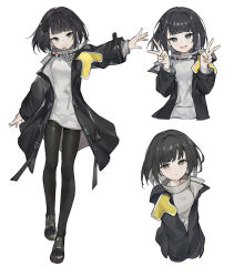  1girl :/ :d arknights arknights:_endfield black_coat black_hair black_pantyhose black_shoes blunt_bangs breasts brown_eyes closed_mouth coat collared_sweater commentary cropped_torso double_v endministrator_(arknights) female_endministrator_(arknights) full_body grey_eyes grey_sweater hair_intakes hair_ornament hand_up hands_up high_collar highres light_blush long_sleeves looking_at_viewer medium_hair mofashi_(sxaf8777) multiple_views open_clothes open_coat pantyhose pocket shoes sidelocks simple_background small_breasts smile sweater v white_background 
