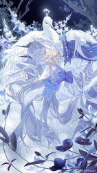  1boy bird black_flower black_horns blurry cael_anselm cael_anselm_(until_the_end_of_time) chinese_commentary closed_eyes depth_of_field flower frilled_shirt_collar frills gem gradient_horns hair_between_eyes highres horns lace lace-trimmed_sleeves lace_sleeves lace_trim leaning_on_animal long_bangs long_hair long_hair_between_eyes long_sleeves lovebrush_chronicles male_focus multicolored_horns official_art parted_lips peacock pearl_(gemstone) pearl_hair_ornament plant psd_(psdgai) puffy_long_sleeves puffy_sleeves purple_shawl shawl shirt sleeping solo tree upper_body very_long_hair watermark weibo_watermark white_flower white_hair white_horns white_shirt 