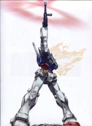  1990s_(style) beam_rifle burning damaged dirty energy energy_beam energy_gun explosion firing glowing gundam headless highres katoki_hajime last_shooting machinery mecha mecha_focus missing_limb mobile_suit mobile_suit_gundam muzzle_flash no_humans official_art promotional_art retro_artstyle robot rx-78-2_gundam scan scene_reference science_fiction shadow spoilers traditional_media weapon 