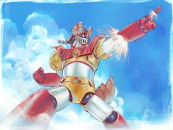 absurdres clenched_hand clouds highres hololive hyde_(tabakko) inugami_korone mazinger_(series) mazinger_z mazinger_z_(mecha) mecha mecha_focus mechanical_tail mechanization no_humans pointing pointing_forward robot rocket_punch super_robot tail 