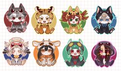  3girls 5boys :< amo_empool animal_costume animal_print bird_costume blue_bow blue_bowtie bow bowtie cat_costume closed_mouth cosplay enjin_(gachiakuta) gachiakuta green_bow green_bowtie green_hair guita_hebby_fantasia highres horizontal_pupils jabber_wonger kigurumi looking_at_viewer majin_3699 multiple_boys multiple_girls open_mouth orange_bow orange_bowtie orange_eyes pink_bow pink_bowtie pink_eyes red_bow red_bowtie red_eyes riyo_reaper rudo_surebrec sheep_costume short_hair simple_background smile snake_costume tamsy_caines tiger_costume tiger_print violet_eyes white_background wolf_costume yellow_bow yellow_bowtie zanka_nijiku 