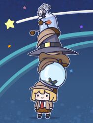  1girl absurdres bag bagged_fish black_thighhighs blonde_hair brown_coat brown_hat brown_shoes brown_skirt chibi coat collared_shirt cowboy_hat deerstalker detective fish hat helmet high-waist_skirt highres hololive hololive_english hololive_idol_uniform_(bright) loafers medium_hair miniskirt necktie newsboy_cap phdpigeon plaid_clothes plaid_skirt pleated_skirt red_necktie shirt shoes short_necktie skirt space_helmet thigh-highs tiara virtual_youtuber walfie_(style) watson_amelia watson_amelia_(1st_costume) watson_amelia_(astronaut) watson_amelia_(new_year) watson_amelia_(party_dress) watson_amelia_(street_casual) white_shirt witch_hat 