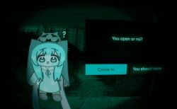  ? animal_ears blue_archive blunt_bangs blush building chibi english_text gameplay_mechanics halo hands_up highres horuhara lifting_person long_hair long_sleeves looking_at_viewer mari_(blue_archive) neck_ribbon no_i&#039;m_not_a_human no_nose open_mouth pajamas parody polka_dot polka_dot_pajamas ribbon sleeves_past_wrists slippers solo_focus 