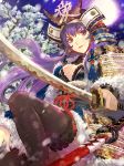  black_legwear breasts character_request cleavage copyright_request full_moon fur_trim genderswap helmet holding kabuto katana kusazuri long_hair moon naoe_kanatsugu naoe_kanetsugu purple_hair red_eyes samurai samurai_armor sengoku_saga sheath sheathed smile sode solo sword thigh-highs thighhighs tob weapon 