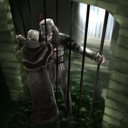  1boy 1girl anastacia_of_astora blonde_hair commentary_request dark_souls_(series) dark_souls_i dress full_body gauntlets grey_dress grey_pants helm helmet iron_bars long_sleeves lowres ooshima_(toddy) pants plume removing_helmet short_hair solaire_of_astora tunic water white_tunic 
