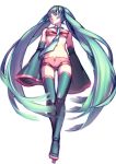  absurdres boots gluteal_fold green_eyes green_hair hatsune_miku highres long_hair navel necktie quuni simple_background sleeves_past_wrists solo thigh-highs thigh_boots thigh_gap thighhighs thighs twintails very_long_hair vocaloid white_background 