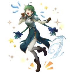  1girl ^_^ ahoge ankle_boots armor artist_request black_ribbon blush boots braid braided_ponytail breastplate breasts brown_boots brown_gloves closed_eyes crying dust_cloud eyelashes facing_viewer flying_teardrops full_body game_cg gloves green_hair green_tunic hair_ribbon hands_up high_heel_boots high_heels leg_up light_particles long_hair long_sleeves looking_at_viewer low_twin_braids multiple_braids notice_lines official_art open_mouth pants pauldrons raised_eyebrows ribbon rishia_ivyred running shirt shoulder_armor side_slit simple_background sleeveless_tunic small_breasts solo sparkle star_(symbol) tate_no_yuusha_no_nariagari tate_no_yuusha_no_nariagari_rerise tearing_up tongue transparent_background tunic turtleneck_tunic twin_braids white_pants white_shirt 