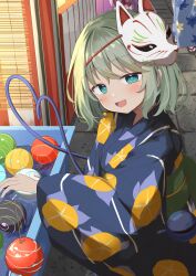  1girl absurdres alternate_costume blue_eyes blue_kimono blush commentary eyeball floral_print fox_mask green_hair green_sash heart heart_of_string highres japanese_clothes kimono kirikaze_ren komeiji_koishi long_sleeves looking_at_viewer mask mask_on_head obi obijime open_mouth print_kimono sash smile squatting third_eye touhou water water_yoyo wide_sleeves yukata 