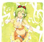  ahoge bare_shoulders blush body_blush breasts cleavage crop_top goggles goggles_on_head green_eyes green_hair gumi highres large_breasts looking_at_viewer midriff musical_note navel open_mouth short_hair skirt smile solo suu2501 treble_clef vocaloid wink wrist_cuffs 