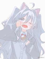  1girl ahoge animal_ear_fluff animal_ears bell cardigan cat_ears cat_girl cat_tail fangs grey_cardigan grey_eyes grey_hair highres jingle_bell kurobeko_(kur0bek0) long_hair mouth_pull neck_bell one_eye_closed open_mouth original shirt simple_background solo sweatdrop tail twintails two_side_up upper_body white_background white_shirt wing_collar 