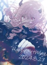  1other akiyama_mizuki androgynous broken_horn crying dated gorgonzola_c happy_birthday highres horns long_hair official_alternate_costume official_alternate_hair_length official_alternate_hairstyle pink_eyes pink_hair project_sekai solo tears upper_body 