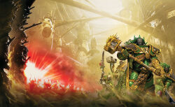  4boys adeptus_astartes armor artofneilroberts bald breastplate chaos_(warhammer) closed_mouth commentary dark-skinned_male dark_skin dawnbringer_(warhammer) demon english_commentary gauntlets green_armor green_hair hammer holding holding_hammer holding_sword holding_weapon looking_at_viewer male_focus multiple_boys official_art outdoors pauldrons pelvic_curtain power_armor primarch red_eyes red_hair rerebrace salamanders_(warhammer) scale_armor short_hair shoulder_armor solo_focus standing sword the_draken_scale vulkan warhammer_40k weapon 