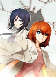  1girl 2girls bob_cut brown_hair chaos;child frown hekiho_academy_school_uniform highres kunosato_mio lab_coat long_hair long_sleeves makise_kurisu medium_hair multiple_girls official_alternate_hairstyle purple_hair ringed_eyes school_uniform science_adventure secretter short_hair steins;gate steins;gate:_the_committee_of_antimatter violet_eyes 