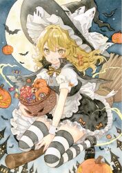  1girl apron bat_(animal) black_cape black_hat black_shoes black_thighhighs blonde_hair bow bowtie braid broom broom_riding candy cape checkerboard_cookie commentary_request cookie embellished_costume food full_moon grin hair_bow halloween halloween_costume hat hat_bow highres horizontal-striped_thighhighs jack-o&#039;-lantern kirisame_marisa kisarush loafers lollipop long_hair moon orange_bow orange_bowtie painting_(medium) puffy_short_sleeves puffy_sleeves shoes short_sleeves side_braid single_braid smile solo swirl_lollipop thigh-highs touhou traditional_media twitter_username two-tone_thighhighs waist_apron watercolor_(medium) watermark white_bow white_thighhighs witch_hat wrist_cuffs yellow_eyes 