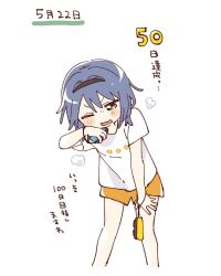  1girl black_hairband blue_hair blush_stickers brown_eyes cropped_legs furutani_himawari hairband hashtag-only_commentary highres joy-con namori one_eye_closed open_mouth orange_shorts puff_of_air shirt short_hair short_sleeves shorts simple_background solo standing sweat translation_request white_background white_shirt yuruyuri 