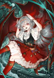  1girl :d absurdres arms_up bat_(animal) beamed_eighth_notes black_corset corset fang feet_out_of_frame frilled_skirt frills full_moon grey_hair hairband hands_up highres long_hair looking_at_viewer low_twintails miniskirt moon musical_note musical_staff night night_sky open_mouth quarter_note red_eyes red_hairband red_skirt red_socks reverse:1999 rubuska shirt short_sleeves sixteenth_note skin_fang skirt sky smile socks solo su_sushi train treble_clef twintails white_shirt 