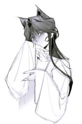  1girl absurdres animal_ears cat_ears collarbone covering_own_mouth cropped_torso face_in_shadow forehead greyscale half_updo highres kemonomimi_mode looking_at_viewer monochrome no_mouth parted_bangs path_to_nowhere shashajitui_bot simple_background slit_pupils solo spot_color upper_body variant_set violet_eyes wide_sleeves yingying_(path_to_nowhere) 