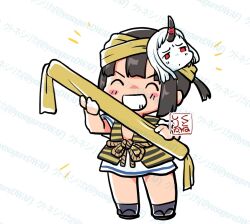  1girl artist_logo black_hair character_mask closed_eyes daitou_(kancolle) headband high_ponytail kantai_collection kutone_shirika logo mask mask_on_head object_request ponytail seaport_princess short_hair solo standing striped_clothes striped_vest tan vest watermark yellow_headband yellow_vest 