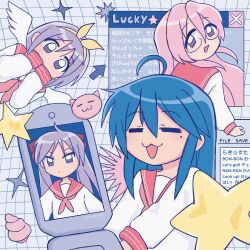  4girls :3 =_= ahoge angel_wings arrow_(symbol) blue_hair bow cellphone cellphone_photo closed_eyes flip_phone friends grid_background hair_bow hair_ribbon highres hiiragi_kagami hiiragi_tsukasa izumi_konata long_hair looking_at_viewer lucky_star mole mole_under_eye multiple_girls phone pink_hair purple_hair ribbon ryouou_school_uniform school_uniform search_bar short_hair siblings sisters star_(symbol) takara_miyuki tkimichi twins twintails violet_eyes webpage wings yellow_ribbon yellow_star 