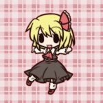  1girl :d ascot blonde_hair chibi fang fushigi_ebi hair_ribbon open_mouth outline outstretched_arms plaid plaid_background ribbon rumia smile solid_oval_eyes solo the_embodiment_of_scarlet_devil touhou youkai 