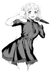  1girl asymmetrical_sleeves belt blush clothing_cutout commentary_request cropped_legs deras dress gakuen_idolmaster greyscale hakusen_(idolmaster) hands_up highres holding holding_microphone idolmaster katsuragi_lilja looking_at_viewer microphone monochrome necktie official_alternate_costume pinky_out short_hair short_necktie shoulder_cutout smile solo sweat 